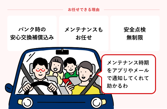 お任せできる理由 パンク時の安心交換補償込み メンテナンスもお任せ 安全点検無制限 メンテナンス時期をアプリやメールで通知してくれては助かるわ